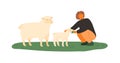 Farmer female feeding lamb and sheep by green grass vector flat illustration. Smiling woman agricultural worker taking