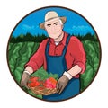 Farmer in field, vector illustration, colorful cartoon graphic drawing. Elderly men keep in hand basket of fresh vegetables Royalty Free Stock Photo