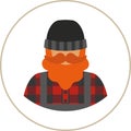 Farmer/worker flat icon - a man with a mustache a beard wearing an in a plaid shirt,overalls jumpsuit,boots and knit hat.