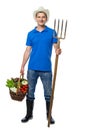Farmer with forks collected fresh vegetables