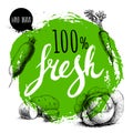 Farmer 100% fresh veggies design template. Green rough circle with hand painted letters. Engraving sketch style vegetables. Potato