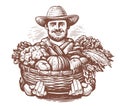 Farmer with freshly picked vegetables in basket. Fresh organic farm food. Sketch vector illustration Royalty Free Stock Photo