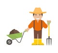 Farmer or Gardener Holding a Pitchfork and Wheelbarrow