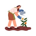 Farmer or gardener watering plant with watercan, vector illustration isolated.