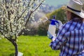 Gardener using crop sprayer in orchard Royalty Free Stock Photo