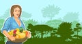 Farmer girl with a basket of fruits: apple, orange, cherry, banana, avocado. Against the backdrop of a landscape with a tropical Royalty Free Stock Photo