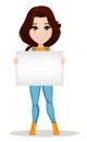 Farmer girl dressed in work jumpsuit. Cute cartoon character holding blank banner.