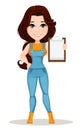 Farmer girl dressed in work jumpsuit. Cute cartoon character holding clipboard.