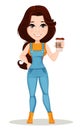 Farmer girl dressed in work jumpsuit. Cute cartoon character holding hot tasty coffee.