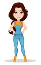 Farmer girl dressed in work jumpsuit. Cute cartoon character showing anger. Royalty Free Stock Photo
