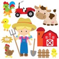 Cute farmer girl vector cartoon illustration. Farm animals vector cartoon illustration. Royalty Free Stock Photo