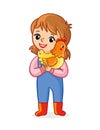 The farmer girl on a white background holds a chicken in her hands and smiles. Vector illustration with a child