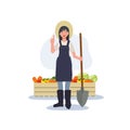 Farmer giving thumb up sign. There are box of vegetables nearby. Flat vector cartoon character illustration