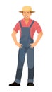 Farmer guy is standing. Young handsome cute boy wearing hat. Hands on hips. Luck, quality. In uniform, overalls. Single