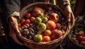 The farmer hand holds a basket of ripe homegrown produce generated by AI