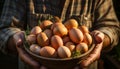 A farmer hand holds fresh organic eggs, celebrating nature generated by AI