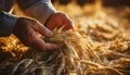 A farmer hand holds golden wheat in the summer generated by AI Royalty Free Stock Photo