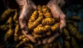 Farmer hand holds ripe, organic vegetable harvest generated by AI