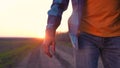 farmer hand. man farmer walk in the field inspects the crop wheat germ natural a farming. business agriculture Royalty Free Stock Photo