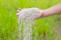 Farmer hand pouring plant chemical fertilizer Royalty Free Stock Photo