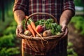Farmer Hands Holding a Basket full of Vegetables extreme closeup. Generative AI