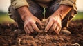 Farmer hands planting seeds. Agriculture concept. AI generated