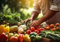 Farmer harvesting fresh organic vegetables on a farm on summer day.Marco.AI Generative