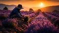 Farmer harvesting in lavender field. Generative AI.