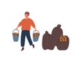 Farmer harvesting potatoes flat vector illustration. Young rancher, farm worker carrying buckets cartoon character