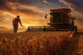 Farmer Harvesting Ripe Crops, Such As Wheat, Corn, And Soybeans, With Combine Harvester. Generative AI Royalty Free Stock Photo