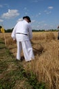 Farmer harvesting wheat with scyth Royalty Free Stock Photo