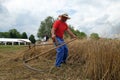 Farmer harvesting wheat with scythe Royalty Free Stock Photo