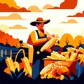 Farmer harvests corn on a farm. Vector illustration in flat style AI generated
