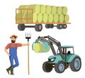 The farmer harvests hay with a tractor with a loader