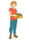 Farmer with a hat. A guy in a red T-shirt is holding a box with apples. Fruit box. Flat vector illustration isolated on white Royalty Free Stock Photo