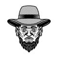 Farmer head in straw hat with beard vector monochrome illustration in vintage style isolated on white background Royalty Free Stock Photo