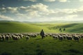 Farmer Herding Flock Of Sheep Across Vast Green Pasture. Generative AI