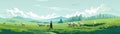 Farmer Herding Flock Of Sheep Through Green Meadow Illustration. Panoramic Banner Illustration. Generative AI