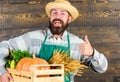 Farmer hipster straw hat deliver fresh vegetables. Man cheerful bearded farmer wear apron presenting vegetables box Royalty Free Stock Photo