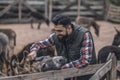 Farmer and his flock on a cattle-farm