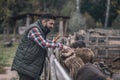 Farmer and his flock on a cattle-farm