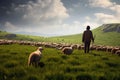 Farmer And His Trusty Dog Herding Flock Of Sheep Across Vast Green Pasture. Generative AI