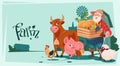 Farmer Hold Box With Vegetables Breeding Animals Farmland Background