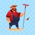 Farmer Hold Rake Cartoon Character Country Man Full Length Eco Farming Concept