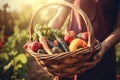Farmer hold vegetables basket. Generate Ai
