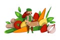 Farmer holding basket with farm vegetables, agriculture organic food concept cartoon flat vector illustration.