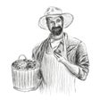 Farmer holding basket with fresh vegetables. Hand drawn illustration. Royalty Free Stock Photo