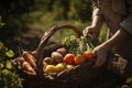 The farmer is holding a basket with vegetables, harvesting. Generative AI