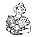 Farmer holding a basket of vegetables in his hands hand drawn sketch.Farming. Royalty Free Stock Photo