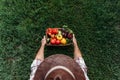 overhead view of farmer in hat holding fresh ripe organic vegetables Royalty Free Stock Photo